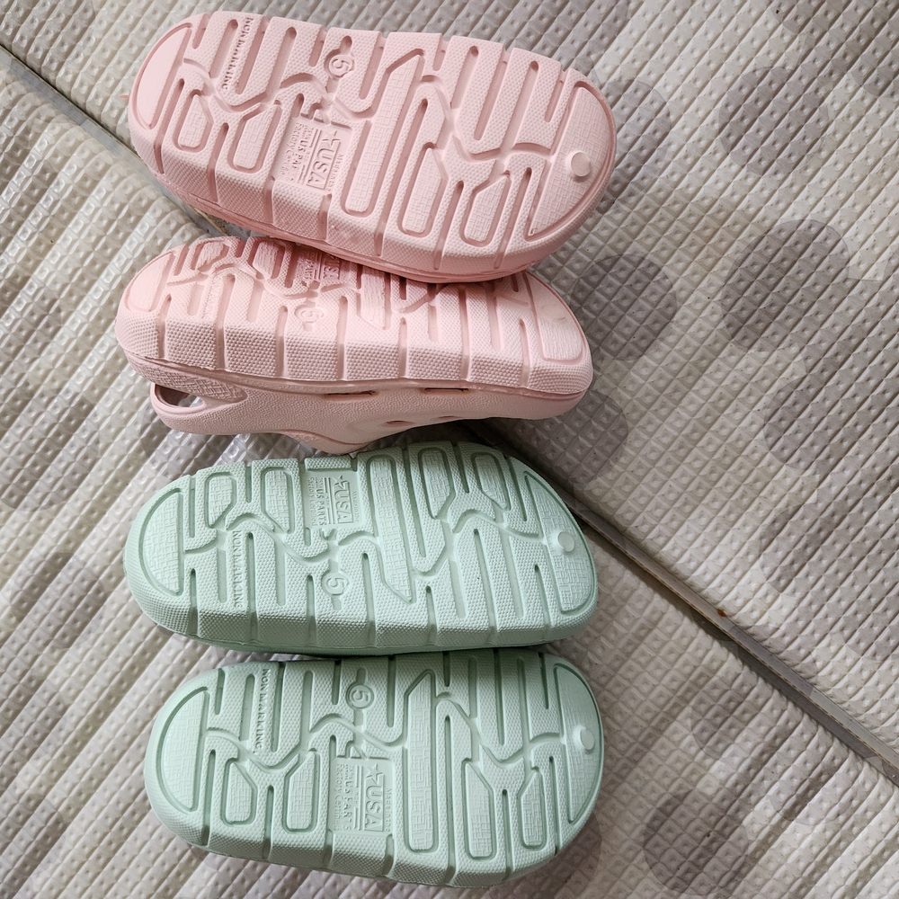 CROCS Pink and Green Sandals Plush Comfort Slides